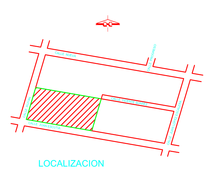 Recuadro de localización del levantamiento topográfico: el terreno rayado en la esquina de las calles Juan Escutia y Ruyan, con las calles Nueva, Progreso, Vicente Suárez y Juan López Escalera alrededor.