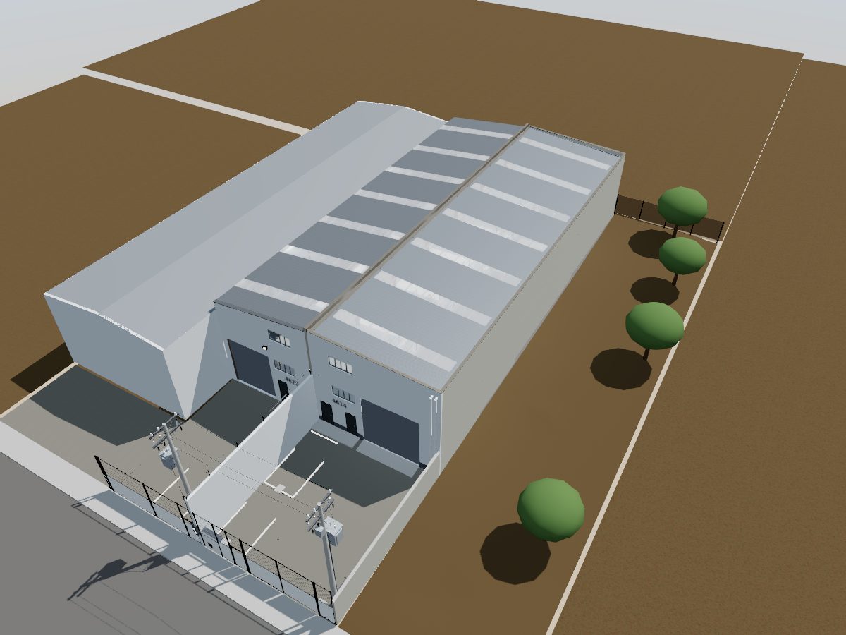 Vista aérea del modelo 3D: patio con reja y portón al frente, nave con siete lucernarios y Encino 4620 al lado.
