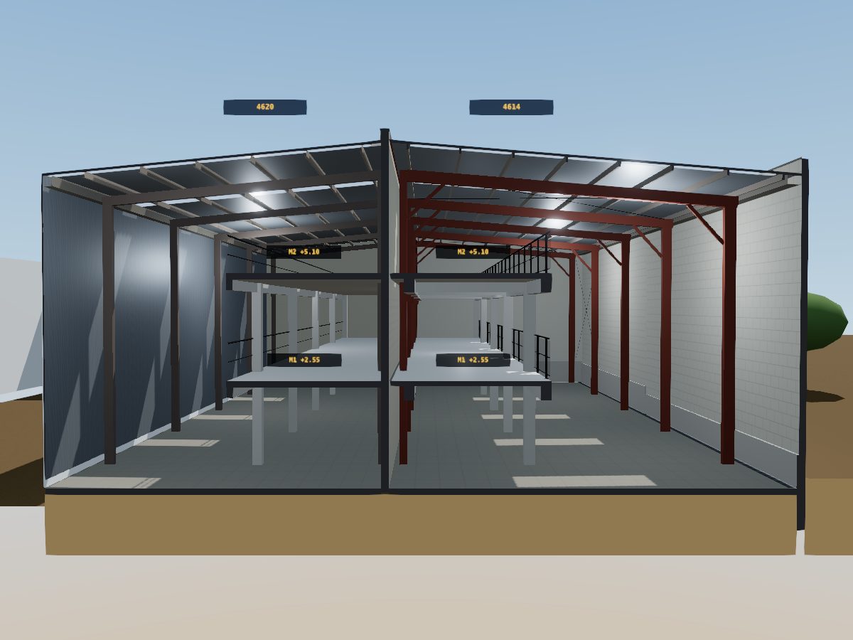 Corte transversal del modelo 3D por las dos bodegas: los mezzanines de 4614 y de 4620 quedan a la misma altura, a +2.55 y +5.10.