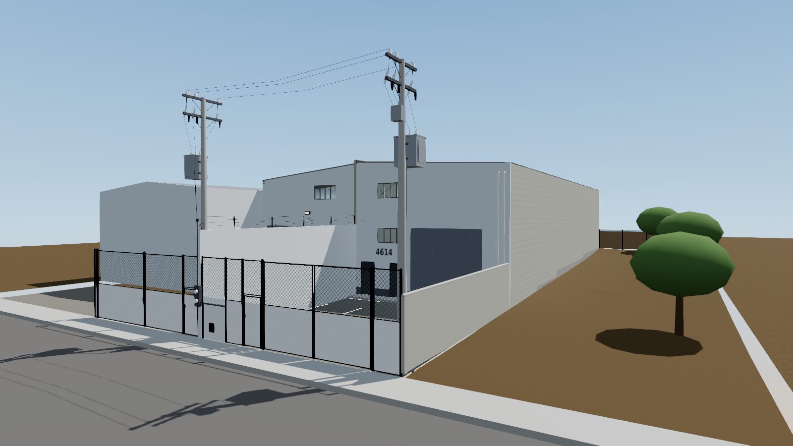 Modelo 3D del proyecto visto desde la calle Encino: reja de malla con portón y puerta peatonal, patio, fachada con cortina metálica, dos puertas, ventanas y el número 4614; poste con el transformador de la subestación en la esquina del patio y, detrás, Encino 4620.