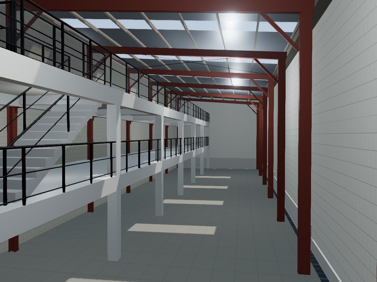 Interior de la nave en el modelo 3D: planta baja libre, estructura de acero y los dos mezzanines de concreto a lo largo del lado de 4620.