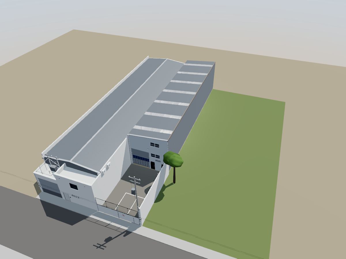 Vista aérea del modelo 3D con la bodega vecina al oriente y el patio al frente.