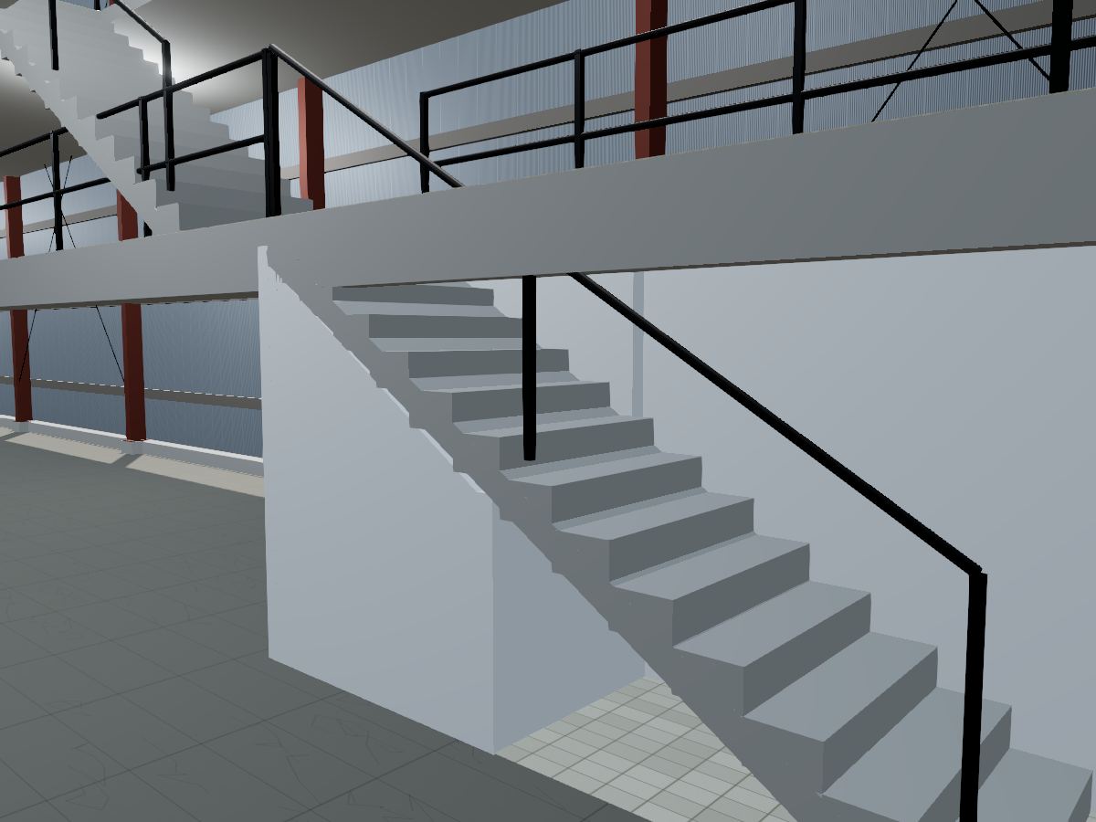 Escalera de la planta baja al mezzanine 1, junto a la fachada, con la cocina y los baños detrás.