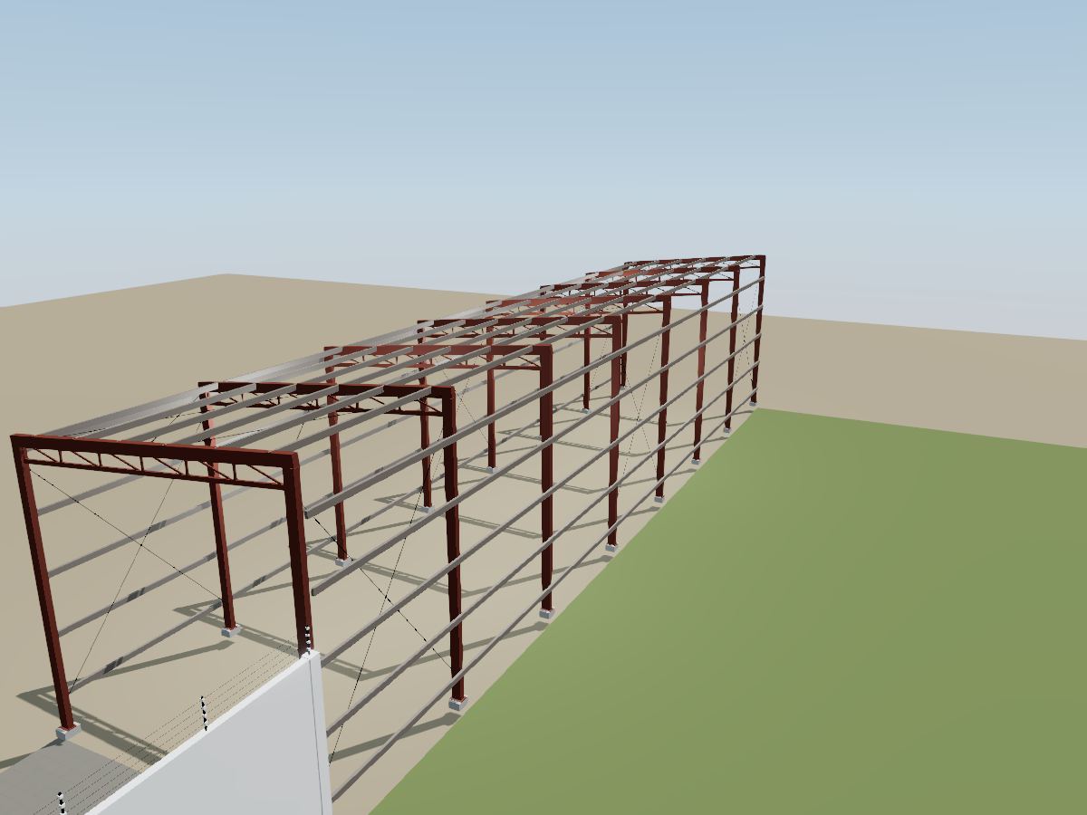 Estructura de acero en el modelo 3D: columnas, armaduras de un agua, largueros y contraventeo.