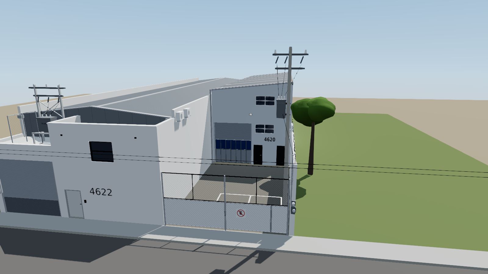 Modelo 3D de la bodega visto desde la calle Encino: reja de malla ciclónica con portón y puerta peatonal, patio, fachada con cortina metálica, dos puertas, ventanas y el número 4620; poste de CFE con transformador en la esquina y barda blanca al poniente.