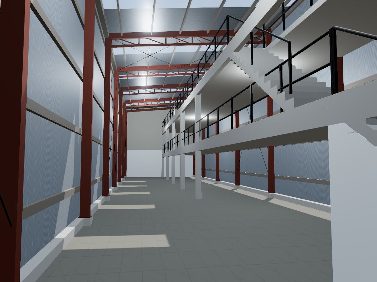 Interior de la nave en el modelo 3D: claro libre, mezzanines del lado poniente y armaduras de acero.