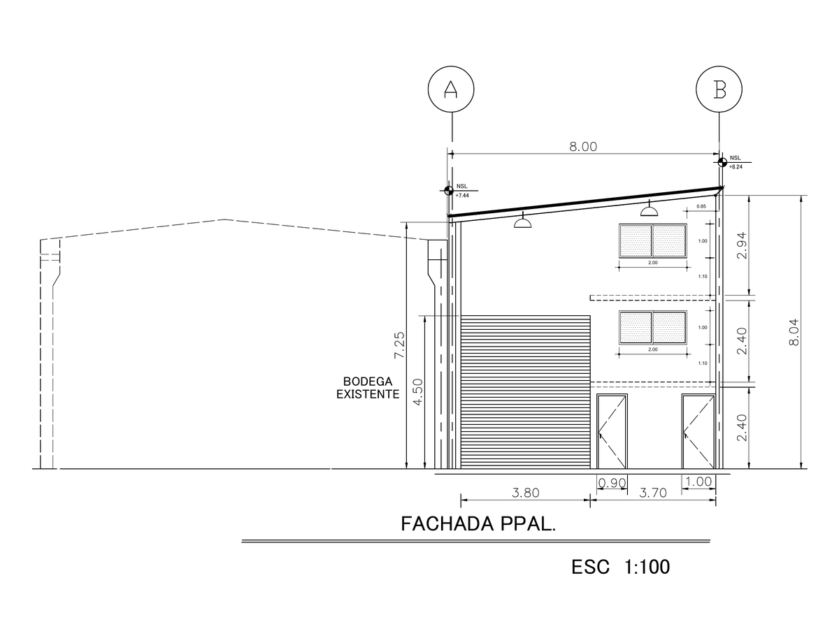 Fachada principal del proyecto de mezzanines: cortina, dos puertas y ventanas en dos niveles.