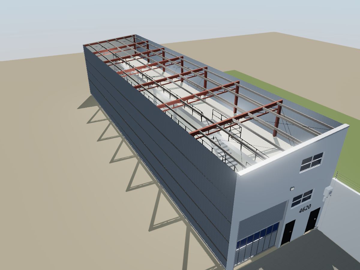 Modelo 3D sin techo: planta baja libre, dos mezzanines a lo largo del lado poniente y núcleo de servicios al frente.
