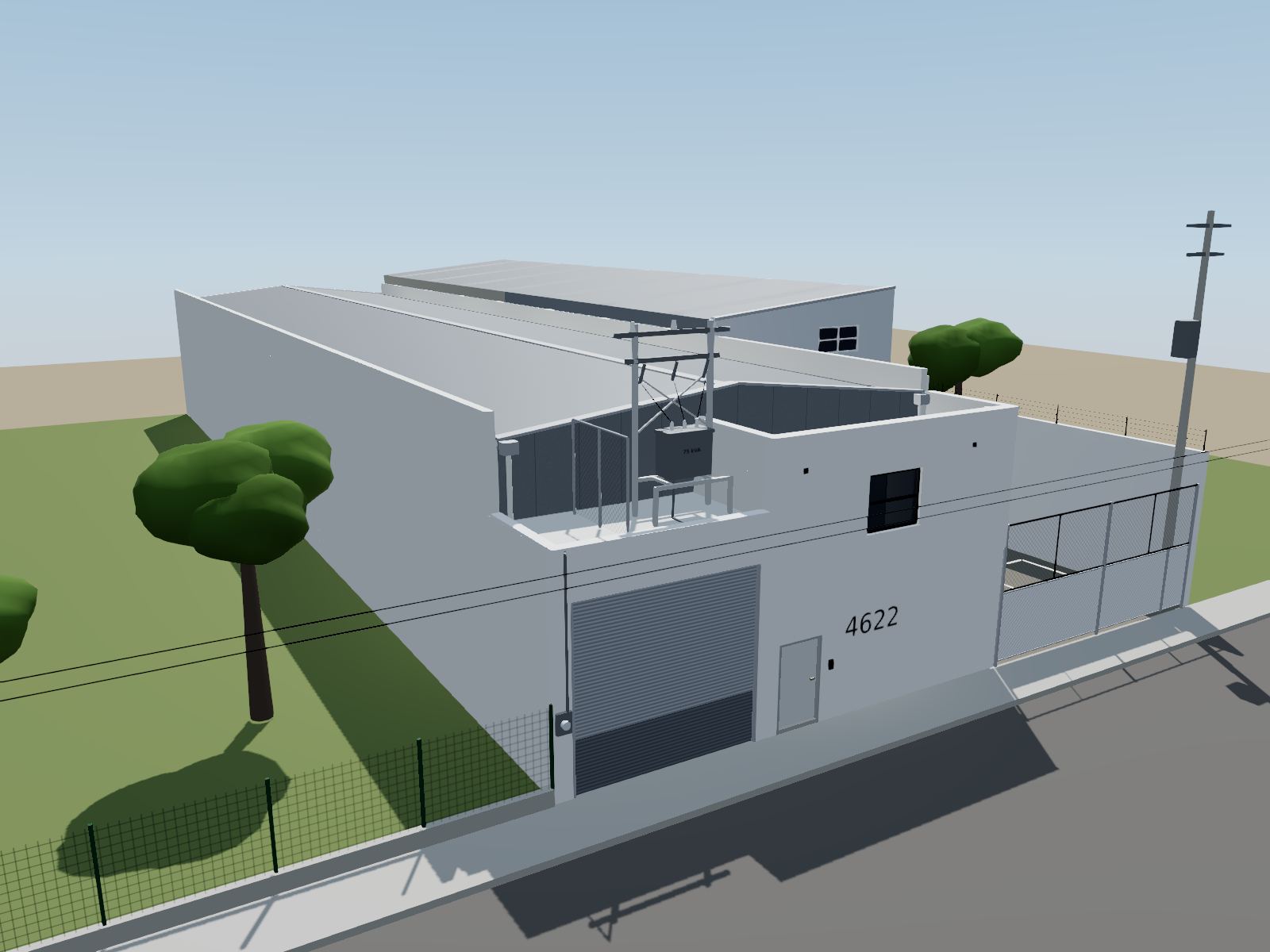 Modelo 3D de la bodega visto desde la calle Encino: fachada blanca con la cortina metálica, la puerta peatonal, el número 4622 y la ventana de la oficina; en la azotea del frente, la subestación; detrás, la nave a dos aguas y, a la derecha, Encino 4620.