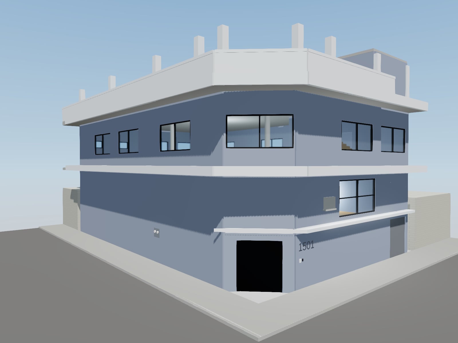 Vista del modelo 3D del edificio desde la esquina.