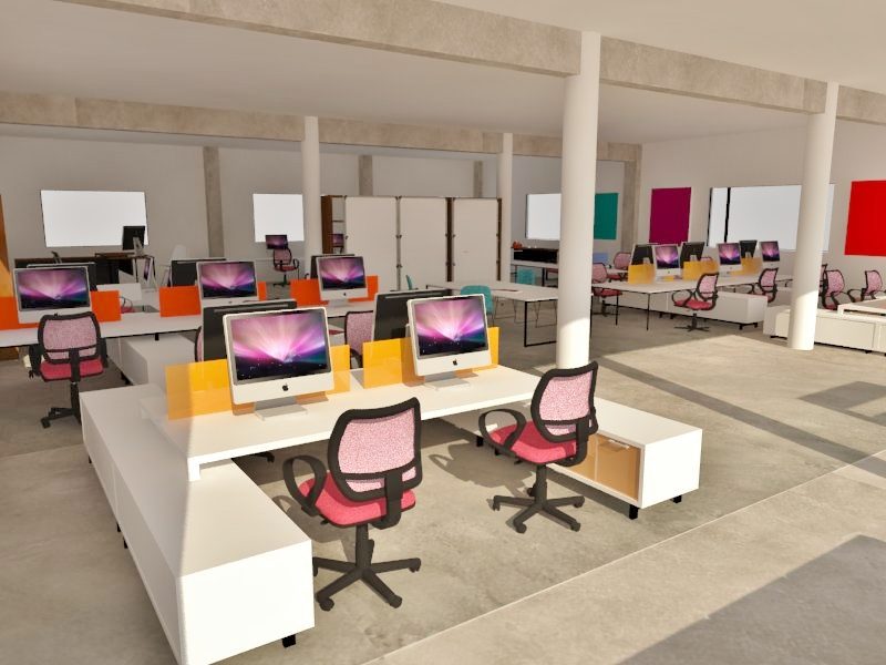 Render de la planta de oficinas con estaciones de trabajo.