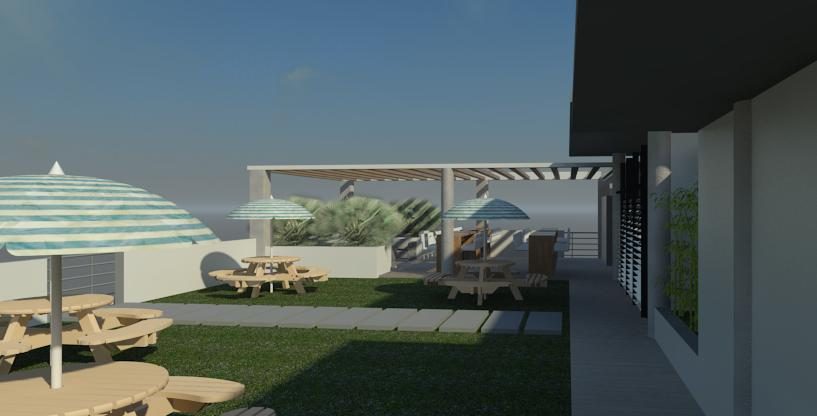 Render de la azotea con deck, pérgola y jardín.