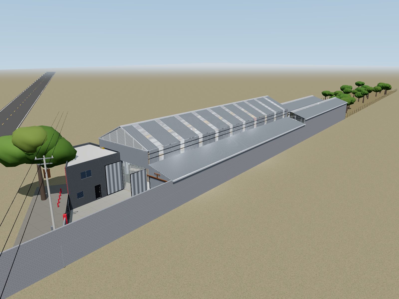 Modelo 3D de la planta visto desde el suroeste: oficinas y árbol junto a la carretera, portón del frente, frontón de la nave principal, cubierta con franjas translúcidas, nave posterior y patio al fondo.