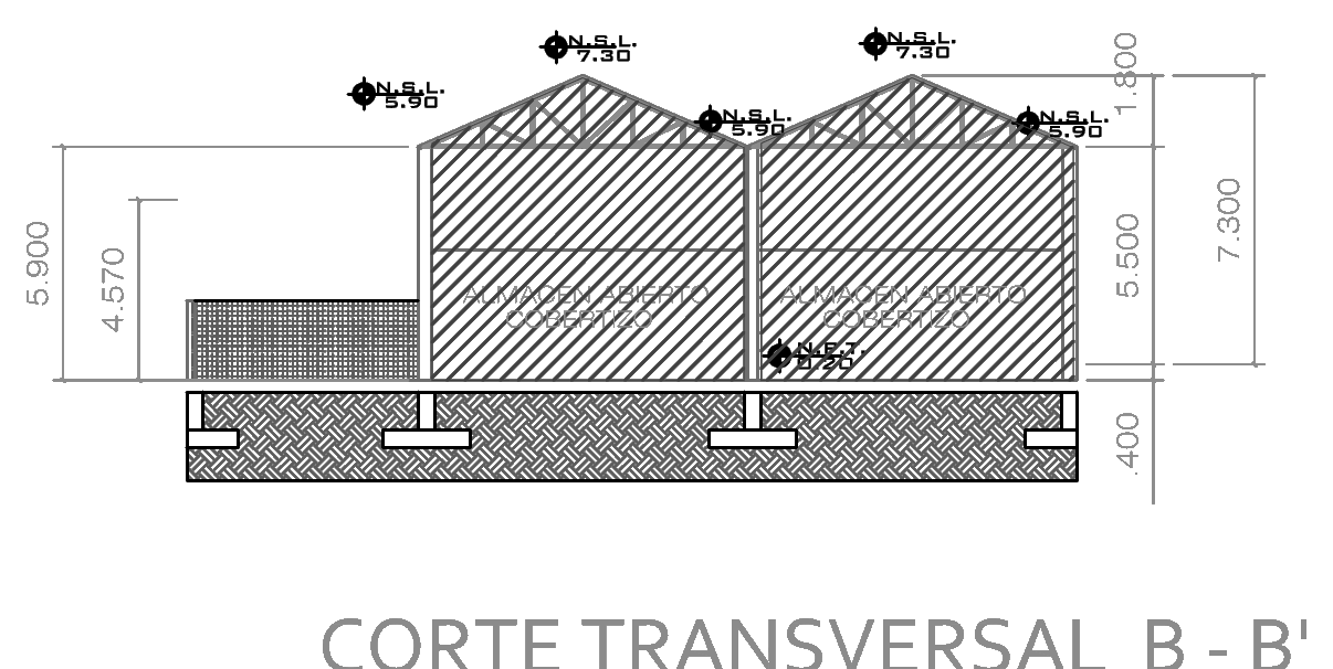 Corte transversal de la nave posterior: dos crujías a dos aguas de 5.90&nbsp;m en los aleros a 7.30&nbsp;m en la cumbrera.