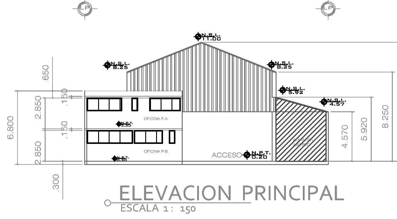 Fachada principal: oficinas en dos niveles a la izquierda, el frontón de la nave principal al centro y la nave lateral a la derecha.